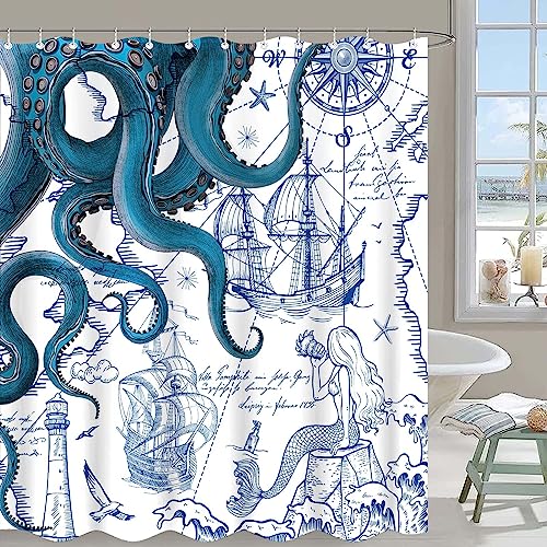 Fungarth Long Blue Nautical Octopus Shower Curtain Navy Mermaid Funny Ocean Kraken Shower Curtains for Bathroom Cool Anchor Coastal Map Waterproof Fabric Bath Curtain with Hooks (Blue, 72” x 78”)
