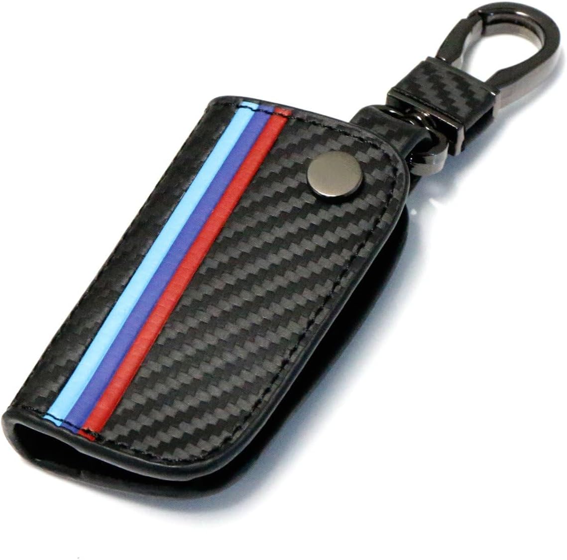 iJDMTOY Iconic 3-Color Stripe Black Carbon Fiber Pattern Leather Key Holder with Keychain Compatible With BMW Remote Fob (Older 1 3 5 6 Series X5 X6 Z4)