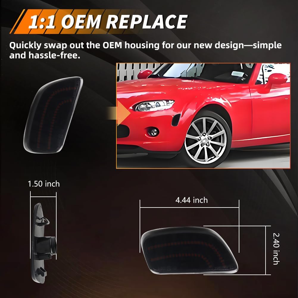Front Turn Signal Marker Light Compatible with MAZDA MX-5 MIATA 2006 2007 2008, [DOT] [IP67 Waterproof] Amber LED Side Marker Lights, Replace OEM #1035569, 2 PCS, Smoked Lens