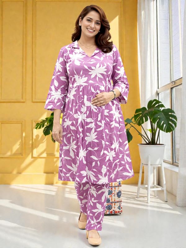 Image of RITIJYA Pure Cotton Feeding Kurta Pant Set for Women | Floral Anarkali Pregnancy Dress with Concealed Nursing Zipper Side Pocket | Pre & Post Partum | Maternity Dresses | Baby Shower Outfit