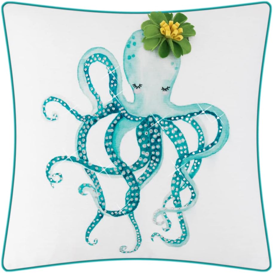 JWH Octopus Print Throw Pillow Cover Decorative Chenille Cushion Cover Green Flower Accent Pillowcase for Bed Bedroom Couch Chair 18x18 Inch Ocean Blue White
