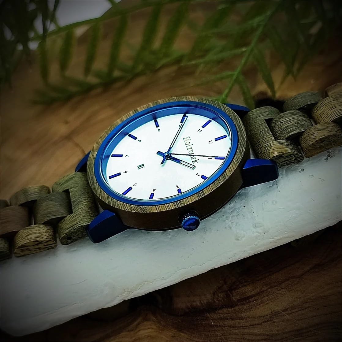Ręcznie robiony Holzwerk Germany® Designer Unisex zegarek damski zegarek męski ekologiczny naturalny drewniany zegarek bransoletka-zegarek analogowy klasyczny zegarek kwarcowy brązowy niebieski zielony biały, brązowy.