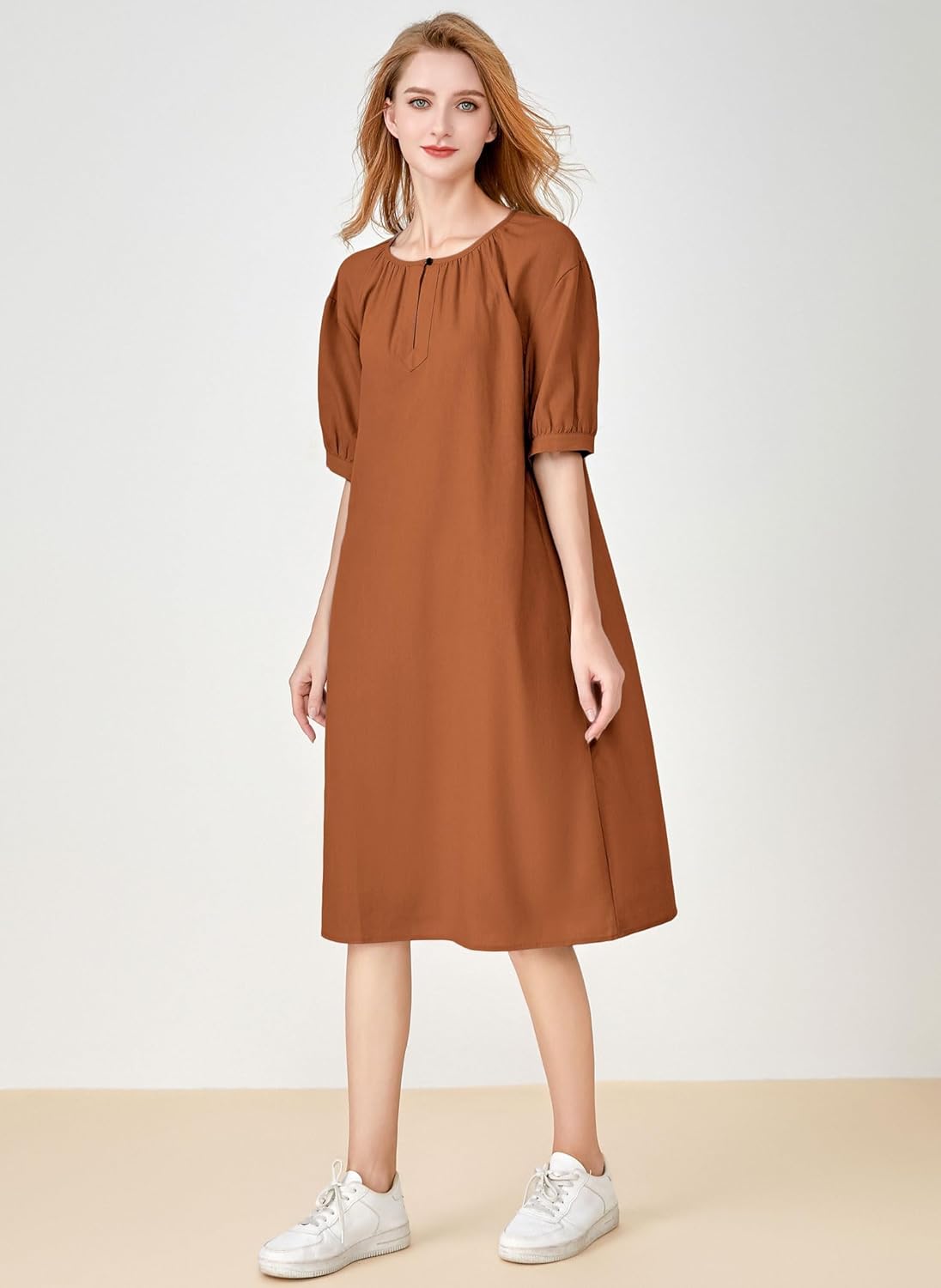 Minibee Women's Cotton Linen Dress Short Sleeve Midi Casual Plus Size Tunic Dress with Pockets - Image 3