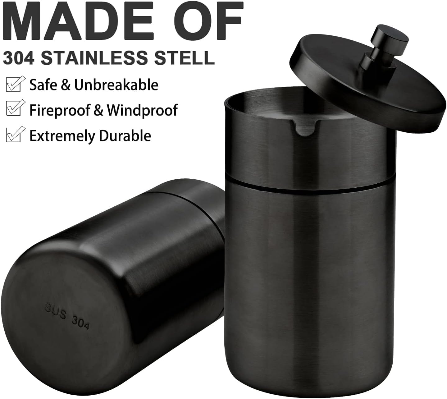 Stainless Steel Auto Ashtray with Lid Smell Proof Portable Smokeless Detachable Windproof Car Ashtray for Cup Holder (Black)