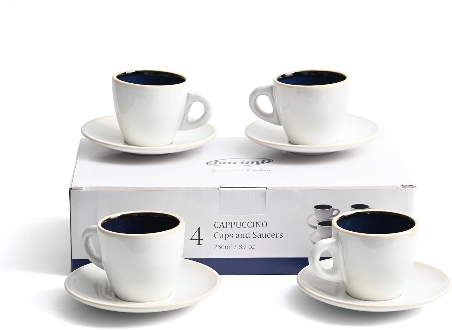 Bacimi® Cappuccino Cups and Saucers Set of 4 – 8.7oz Thick Barista Style Stoneware Cups - Blue Glaze Classic Italian Design - Ceramic Cups For Cappuccino, Latte, Tea – Dishwasher & Microwave Safe