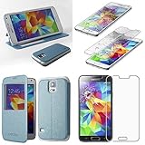 ebestStar   Coque Compatible avec Samsung S5 G900F, Galaxy S5 New G903F Neo Etui Housse Portefeuille Livre avec Fenêtre Flip View Cover, Bleu + Verre Trempé [Appareil: 142 x72.5 x8.1mm 5.1'']