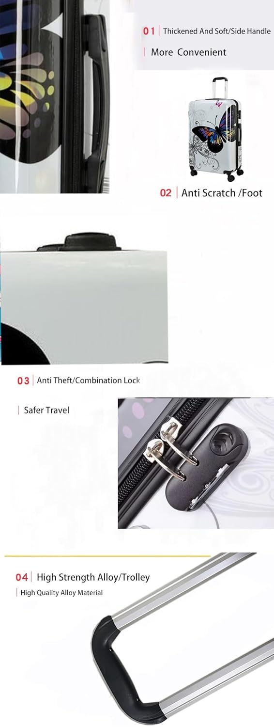 4-Piece Luggage Set, Butterfly Series, Cute Carry-On Luggage, Women's Luggage, White (14/20/24/28 inches)