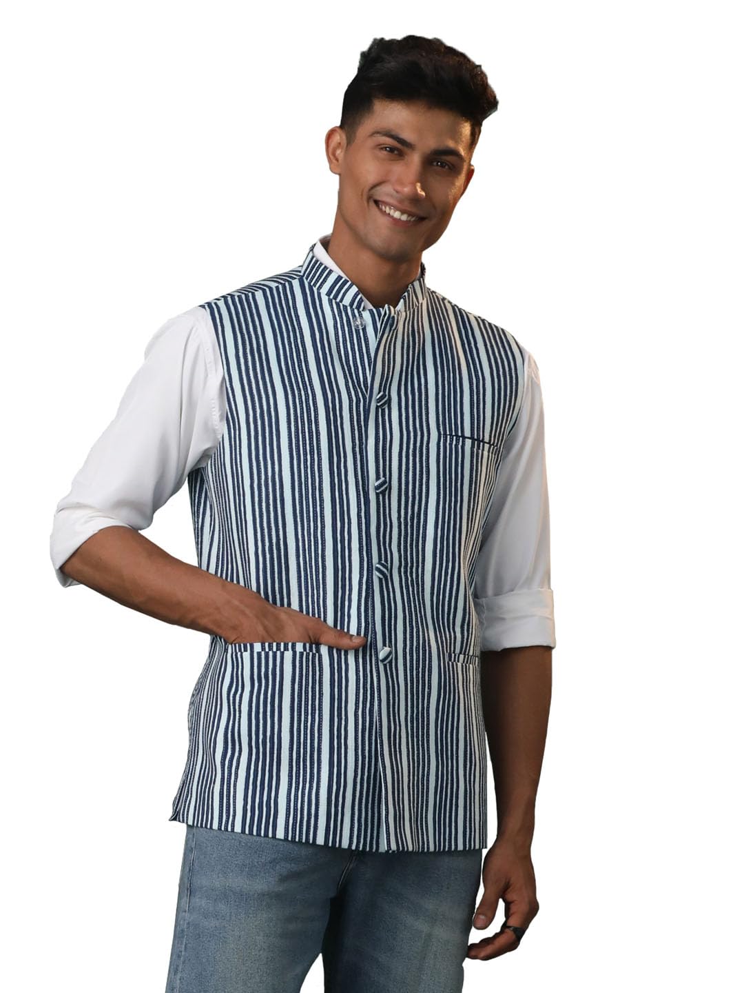 vastramay Men's Nehru Jacket I Stripe Print Kantha Stich Nehru/Modi Jacket I Fastive Party Wedding Neharu Jackets-picture-15