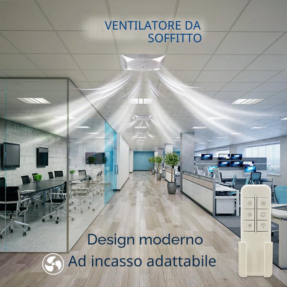 M Ledme - Ventilatore da Soffitto Armstrong Square 68W con luce Led Bianca Fredda (6000k), Incassato, 1172LM, Telecomando, Motore AC, Silenzioso, 3 velocità, ideale per uffici. LM8087