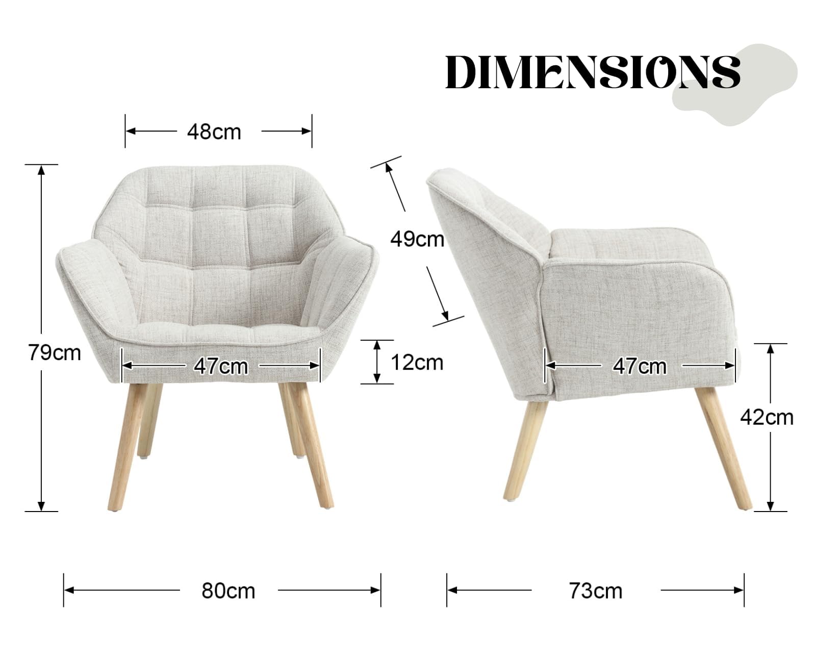 chairus Fauteuil Scandinave de Salon avec Pieds en Bois Modern Chaise de Chambre Capitonné en Lin (Beige-1)