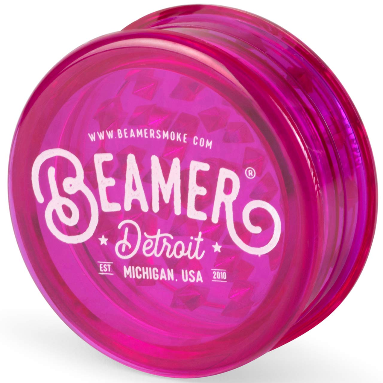 Beamer Detroit Logo 3-Piece 63mm Acrylic Grinder - Transparent Purple Color + Beamer Smoke Sticker