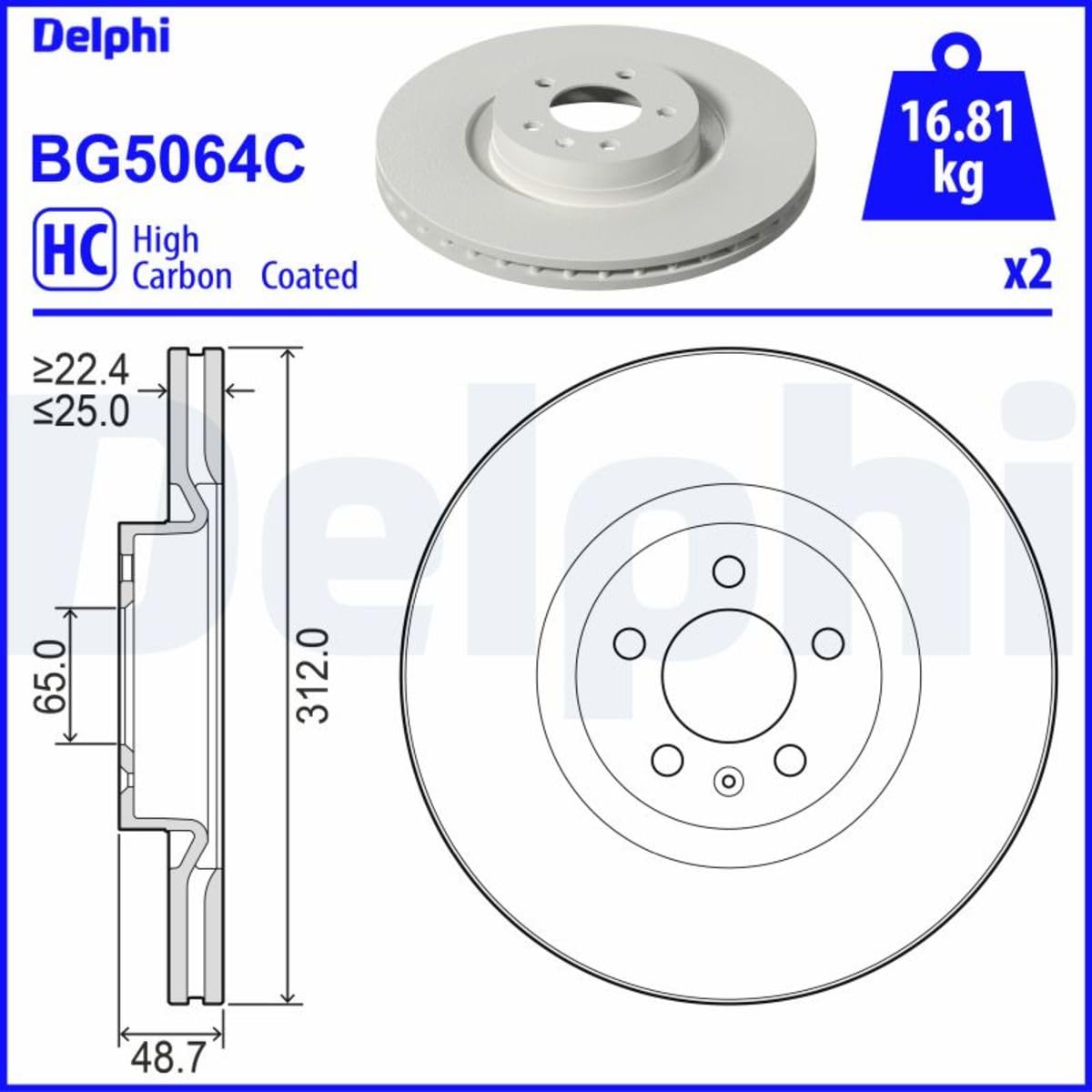 Delphi Zestaw tarcz hamulcowych przednich, wentylowanych, Ø 312 mm, 2 x Bg5064C