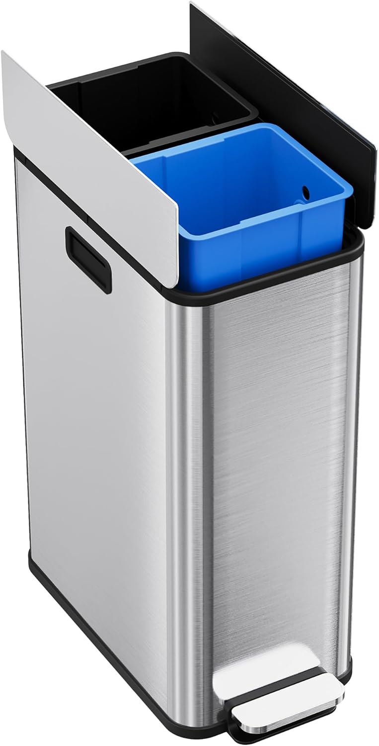 56L/14.8Gal Step-On Kitchen Trash Can with Butterfly Lid,2 * 7.4Gal Dual Compartments Garbage Can with Wing Lid,Slim Pedal Stainless Steel Trash Bin with Removable Buckets
