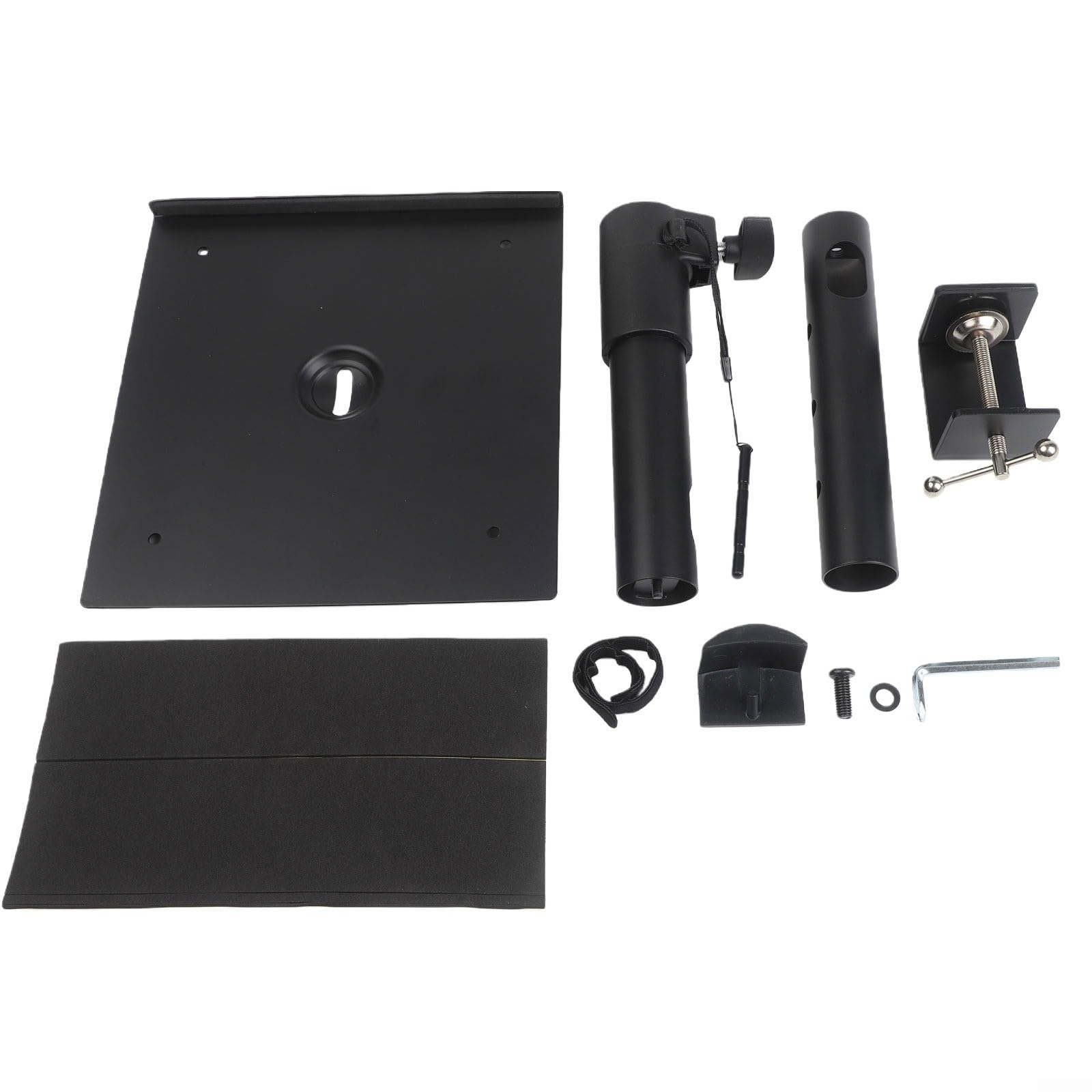 Supporto per altoparlante da scrivania con morsetto, regolazione dell'altezza e snodo girevole, include supporto per cuffie, design robusto, nero (singolarmente)