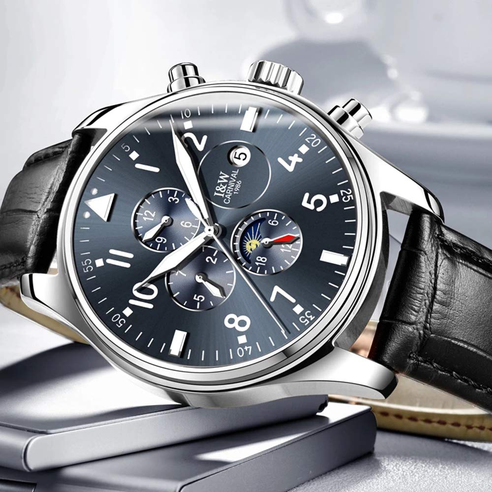 MASTOP Herren Komplikationen Analog Automatische Mechanische Uhr Leuchtender Kalender Echtes Lederband Business Edelstahl Kleid Armbanduhr Klassisch