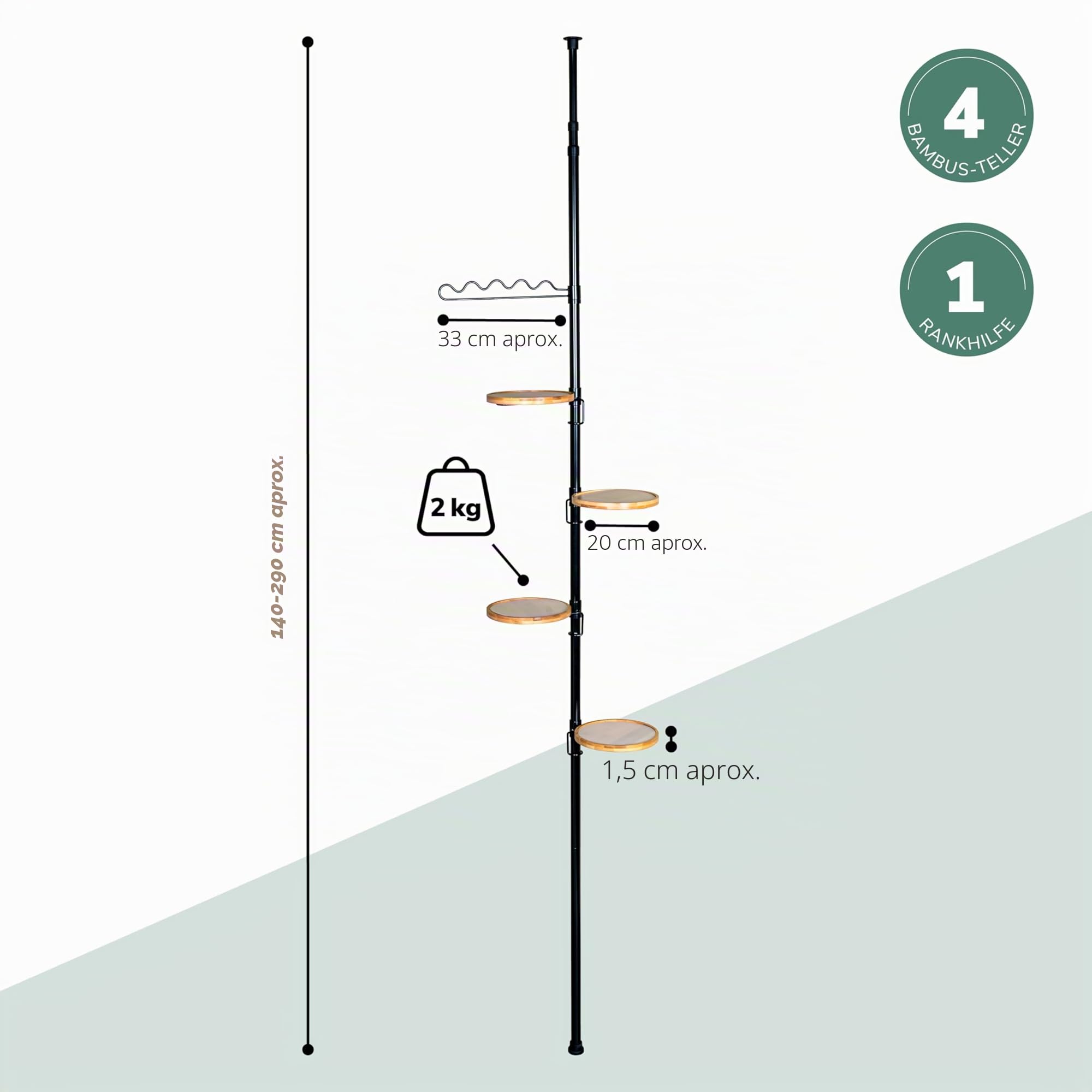 bremermann Estantería telescópica para flores 4 estantes y soporte para trepar, versátil para usar en el salón, el baño o la cocina - altura variable de 140 a 290 cm, color negro