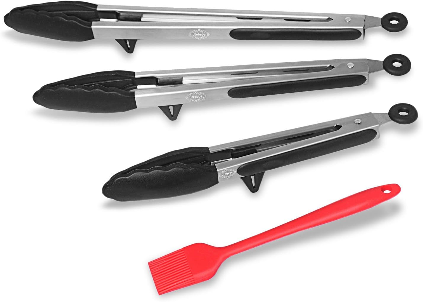 Utebebe Kitchen Tongs Stainless Steel Cooking Tongs Silicone Tongs with Stand, Food Tongs Heavy Duty Extra Long BBQ Tongs For Grilling Barbecue Salad Serving With Locking Head (Set of 3) 14 12 9-Inch