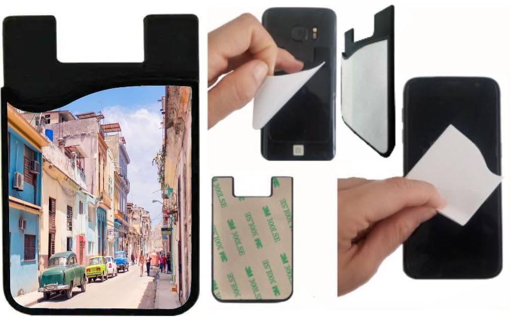 Island Gifting Neoprene Stick-on ID Card Holder for iPhone/Galaxy/Google Android Cases Featuring Image of Havana Streets with Cuba a Beautiful Cuba Landmark