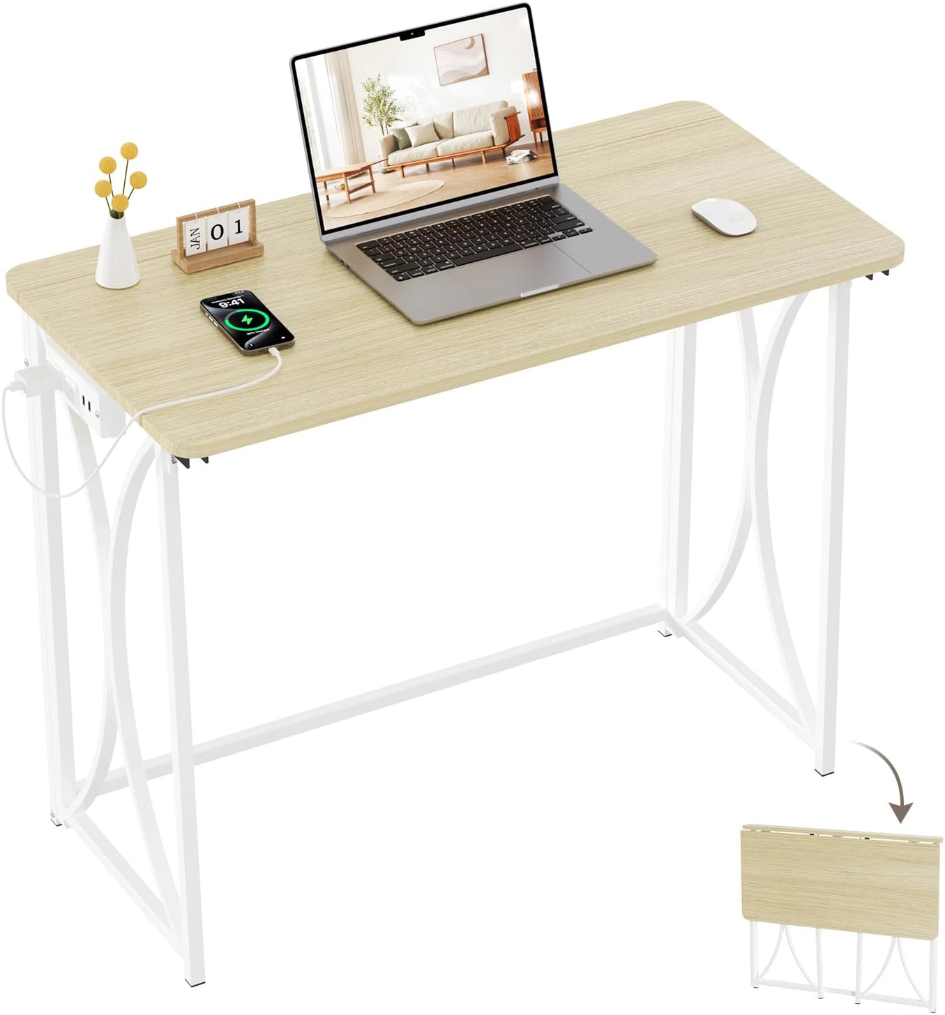 Photo 1 of Folding Table, 31.5" Small Desk for Bedroom with Power Outlet, Space Saving Foldable Computer Desk for Home Office, Easy Assembly, Beige