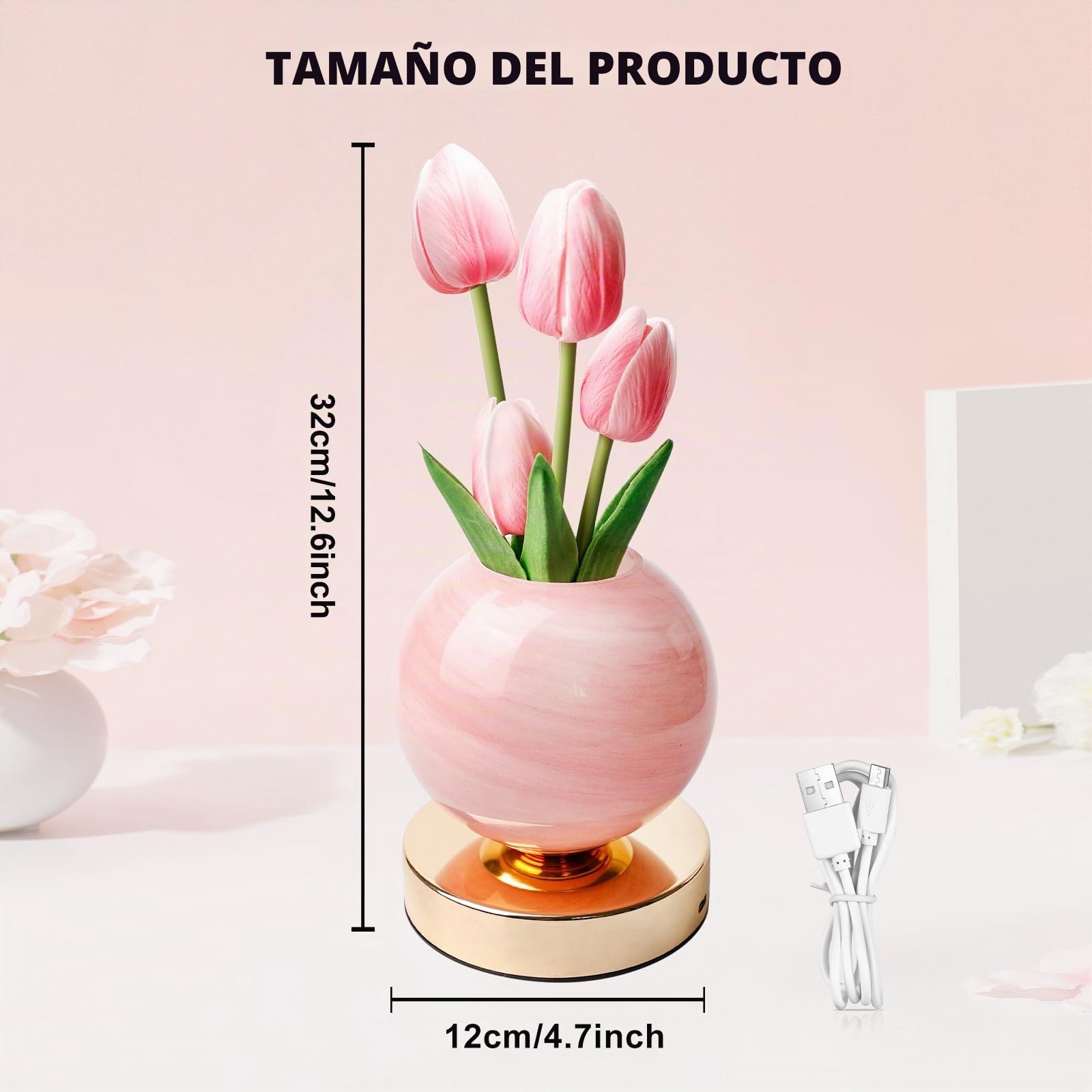 Lámpara de noche con carga USB, luz nocturna Tulipán rosa con 3 modos de color e intensidad ajustable, lámpara de noche inalámbrica táctil para habitación, regalo de cumpleaños para mujer