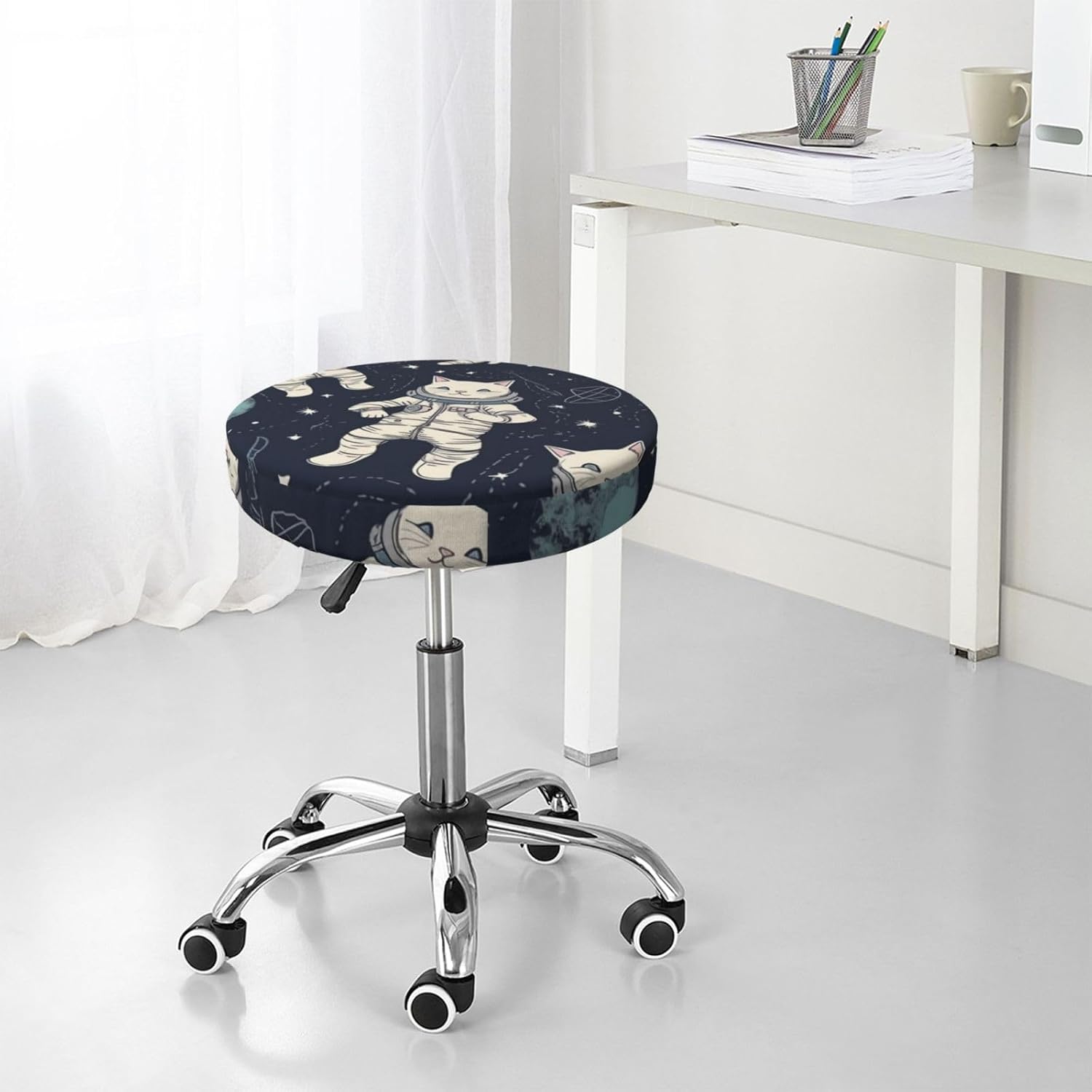 Bar Stool Cover Round Elastic Stool Cushion Covers Fun Cat Astronaut Bar Chair Cover Washable Stool Cushion Slipcover Stretch Stool Seat Covers for 12-14 Inch Chair