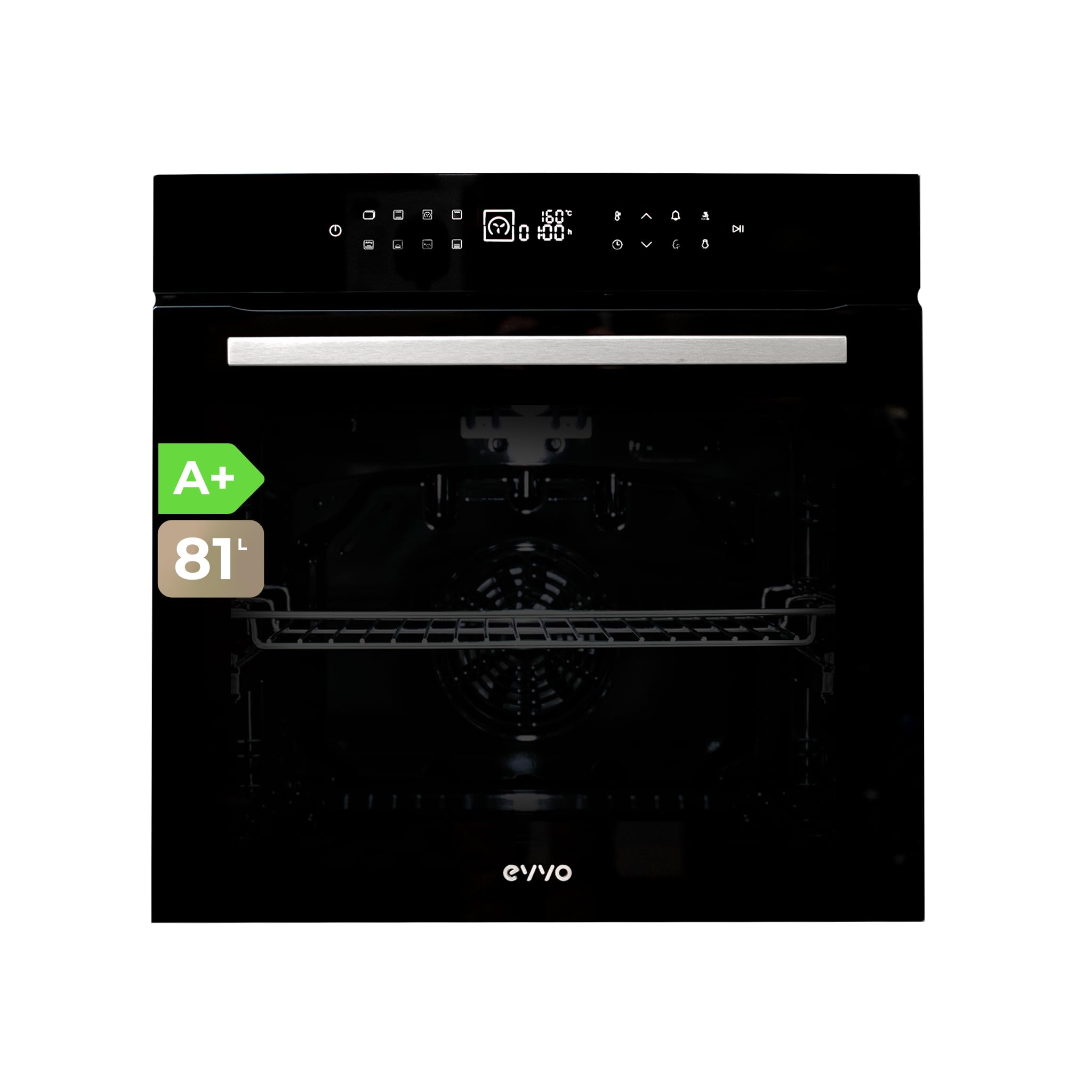 EVVO Horno Eléctrico Empotrable - Eficiencia A+, 81 L de Capacidad, Función Airfryer, 14 Programas, Temporizador, Display Digital, Control Táctil, Guía telescópica, Modelo: H26 (Negro)