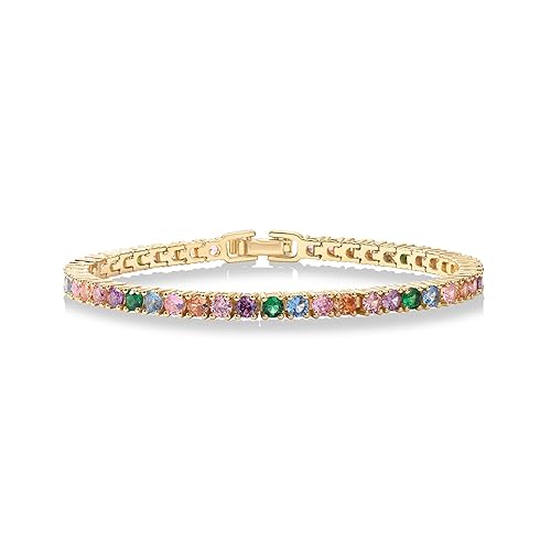 PAVOI 14K Gold Plated 3mm Multi Colored CZ Tennis Bracelet | Vibrant Cubic Zirconia Bracelet for Women | Size 6.5-7.5 Inch - Yellow Gold - 6.5 Inches