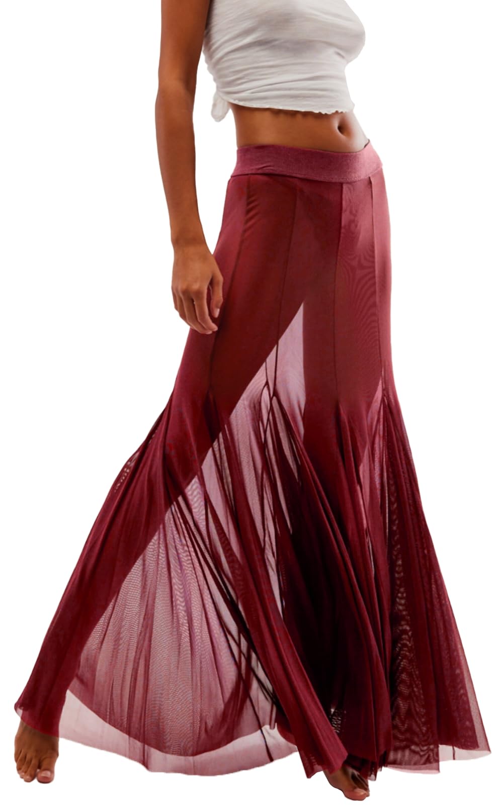 View 1 of Womens Maxi Skirt Mesh High Waisted Pleated Sexy Sheer Boho Beach Cover Up Flowy Long Tulle Skirts Red LARGE