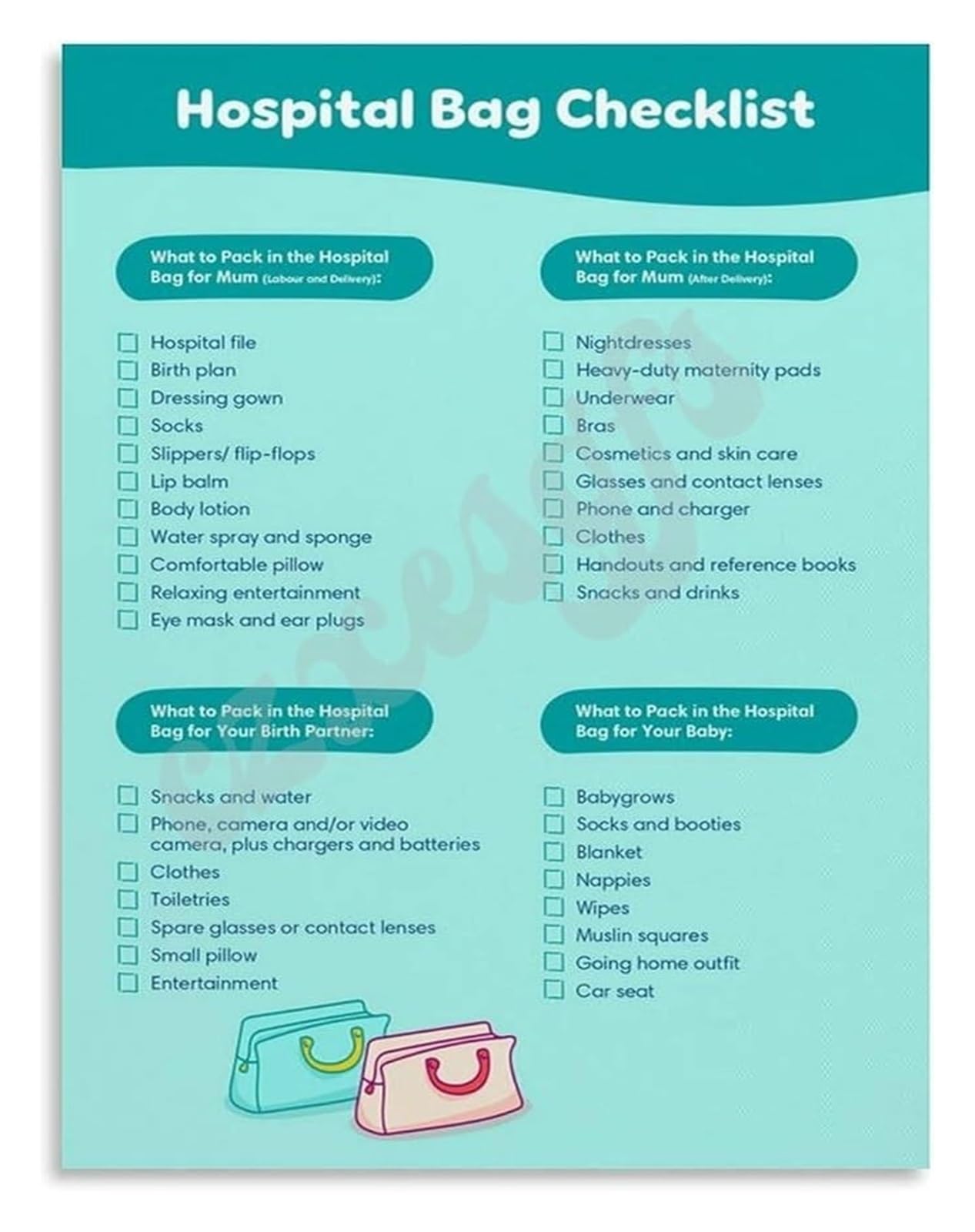 FNYUVNFAF Ultimate Hospital Bag Checklist Poster Labor Delivery Preparation Guide for Parents Pregnancy Third Trimester Unframed,12x18inch(30x45cm)
