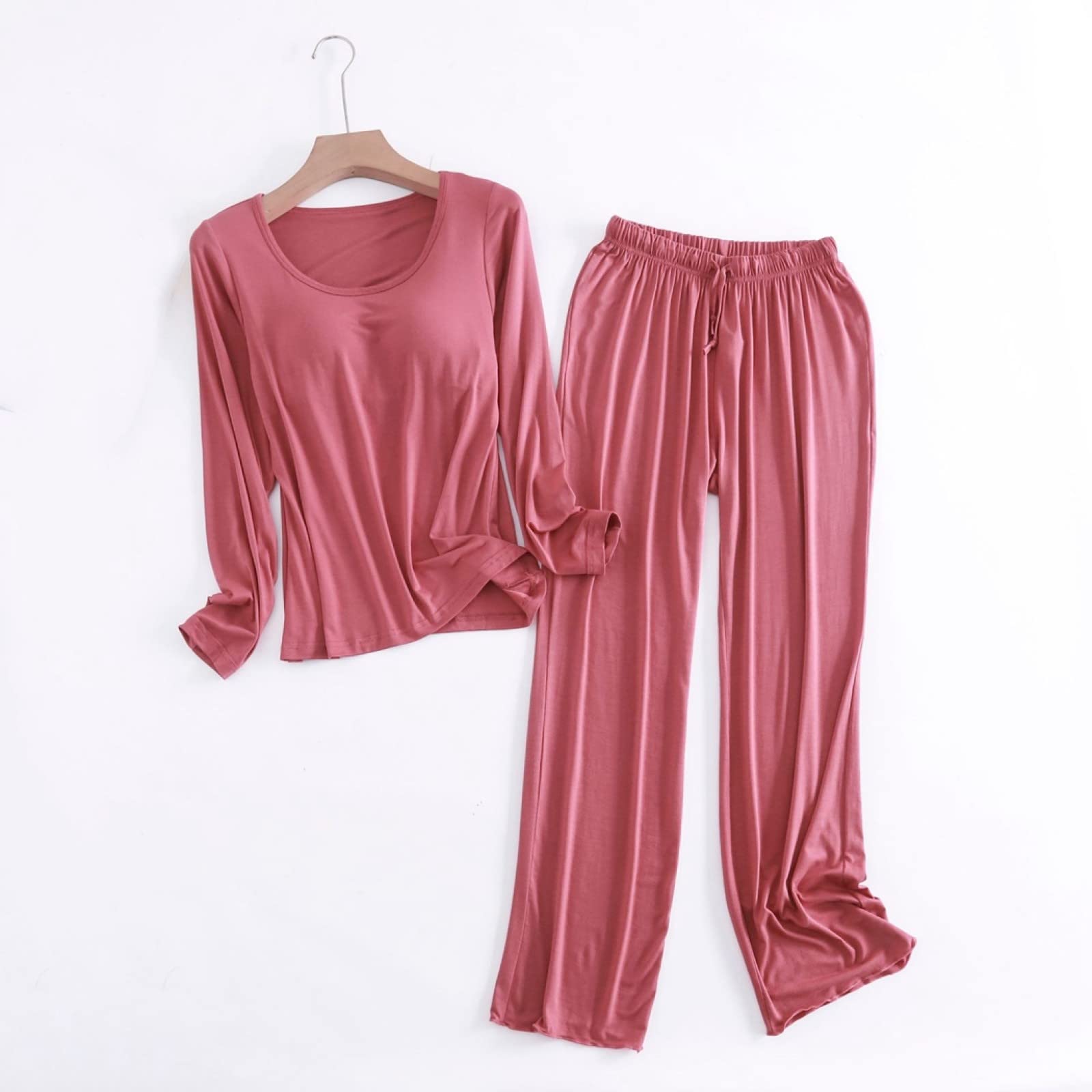 Pijama de Franela para Invierno y otoño para Mujer y Hombre, Conjunto de Sujetador y Almohadillas de algodón para Mujer, Moda roja de Manga Larga + pantalón Ajustado de Cuello redo