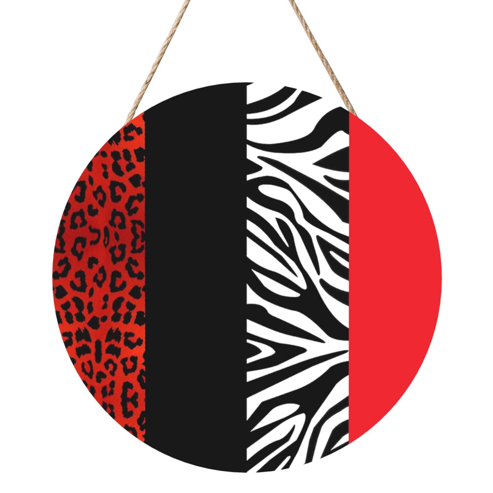 InOmak Red Leopard And Zebra Animal, Round Wood Panel Painting 12 in, Wall Hanging Painting For Home