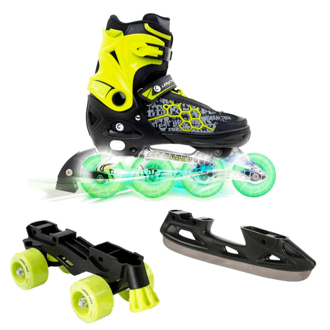 Lionix Pro ECLECTIC,Convertible Frames 3 in 1 (Ice/Inline/Quad),Pink/Green/Black,Adjustable Up to 3 sizes,LED Light Up Wheels in Inline Skates frame, for Girls,Boys,Women,Men,Fitness, High Performance