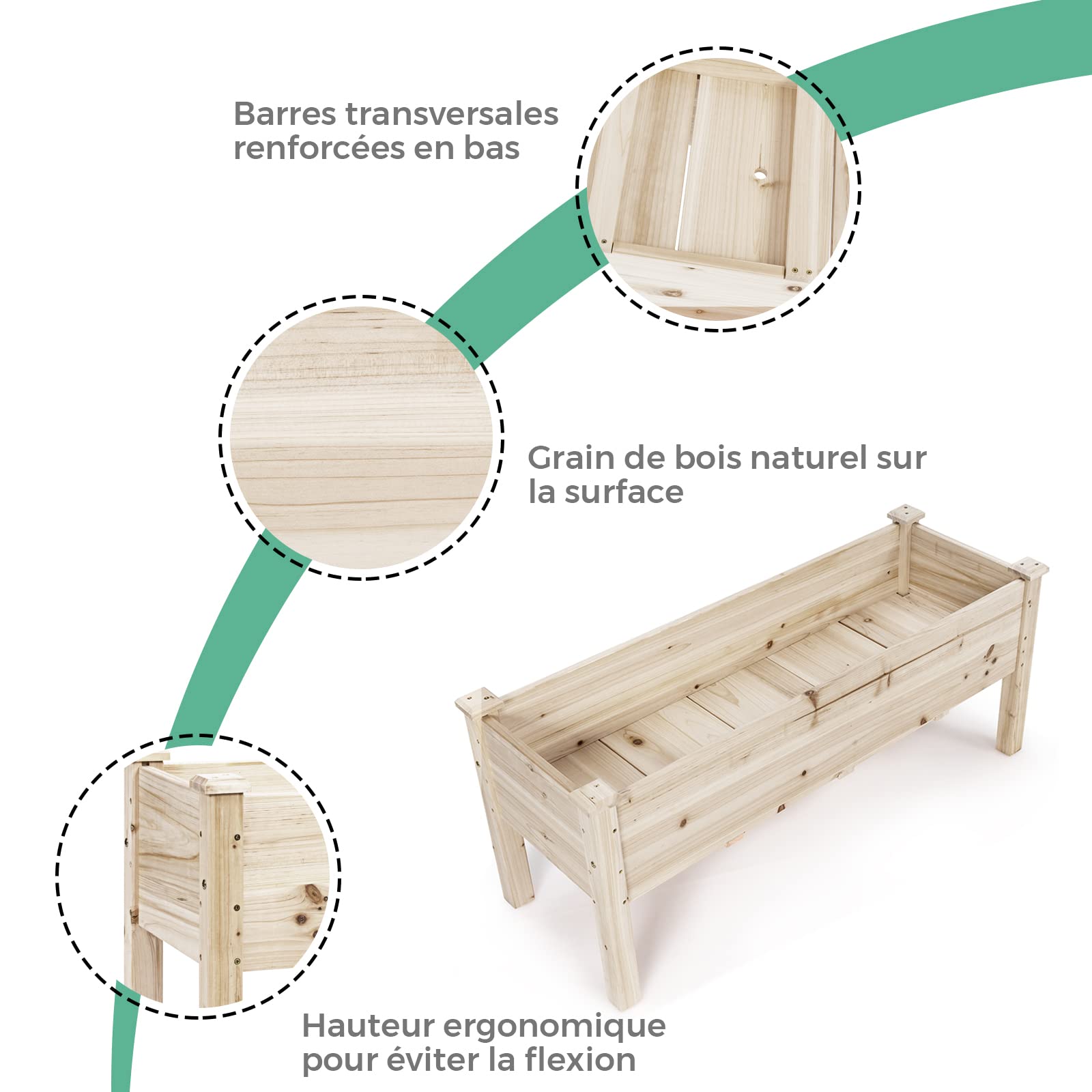 GOPLUS Carré Potager sur Pieds, Jardinière en Bois avec 5 Trous de Drainage pour Légumes, Herbes, Fleurs,Convient à Jardin,Cour,Terrase,120 x 43,5 x 51cm,Naturel