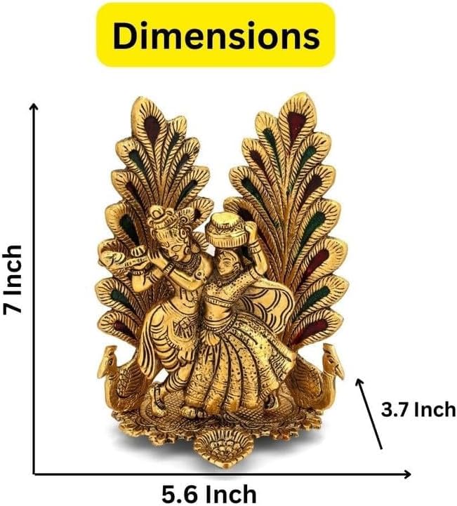 Miniatura 7 de Collectible India Peacock Design Radha Krishna Idol Showpiece con Diya para Puja y decoración del hogar (8 x 6 pulgadas), metal, dorado (1 pieza)