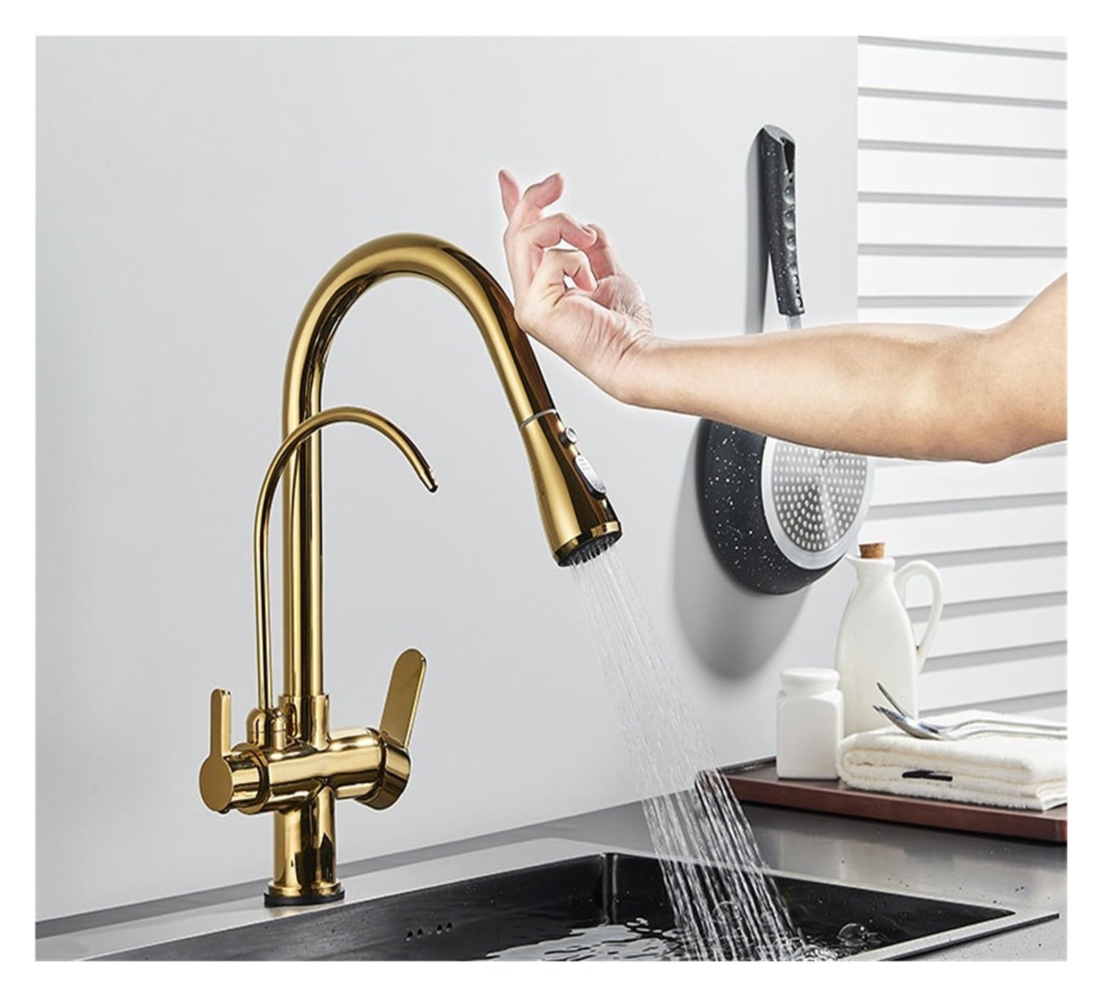 Robinet de cuisine mitigeur tactile or filtre à eau intégré évier