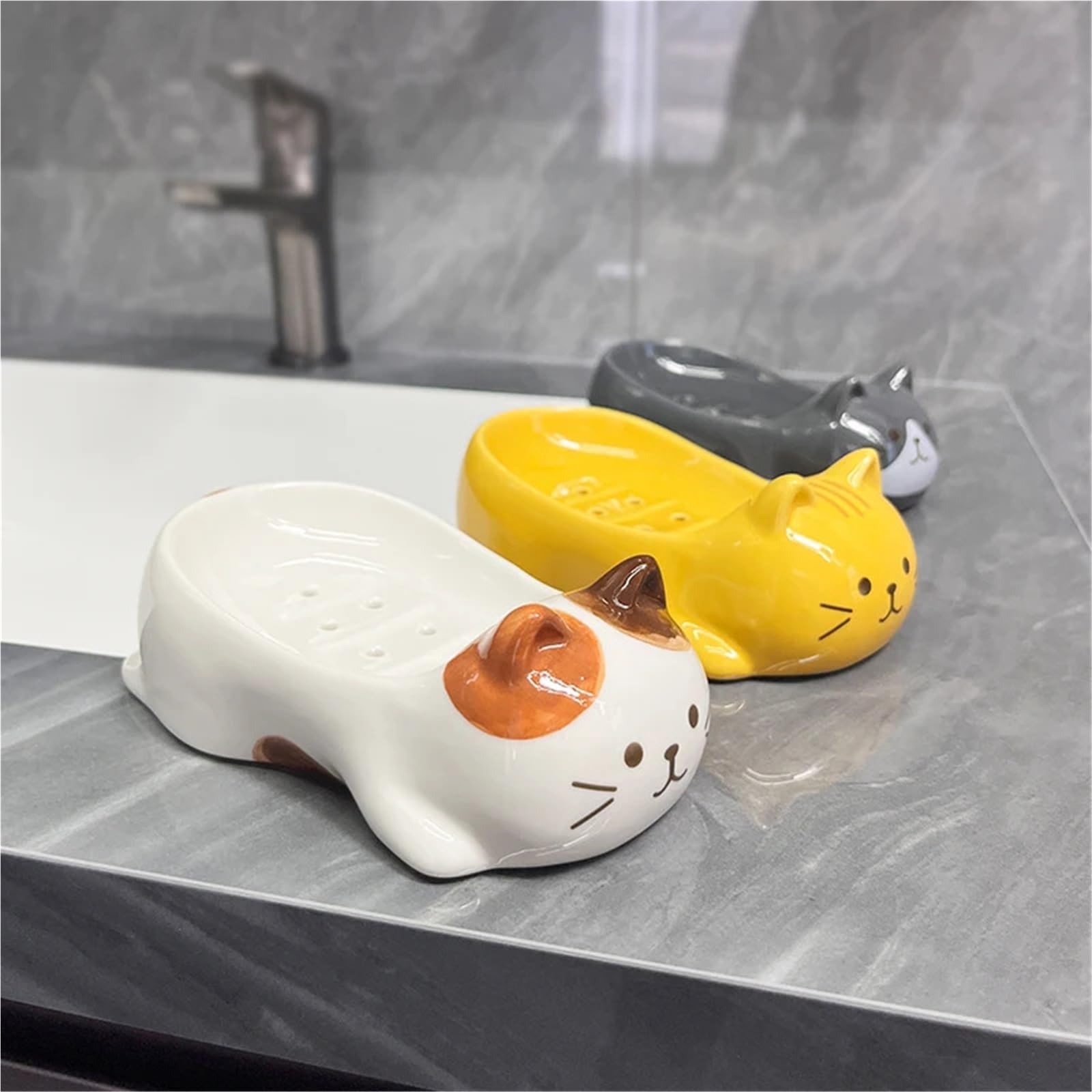 Jabonera Caja de jabón cerámica | Rejilla De Drenaje Decoración De Baño Plato Lindo(Grey cat)