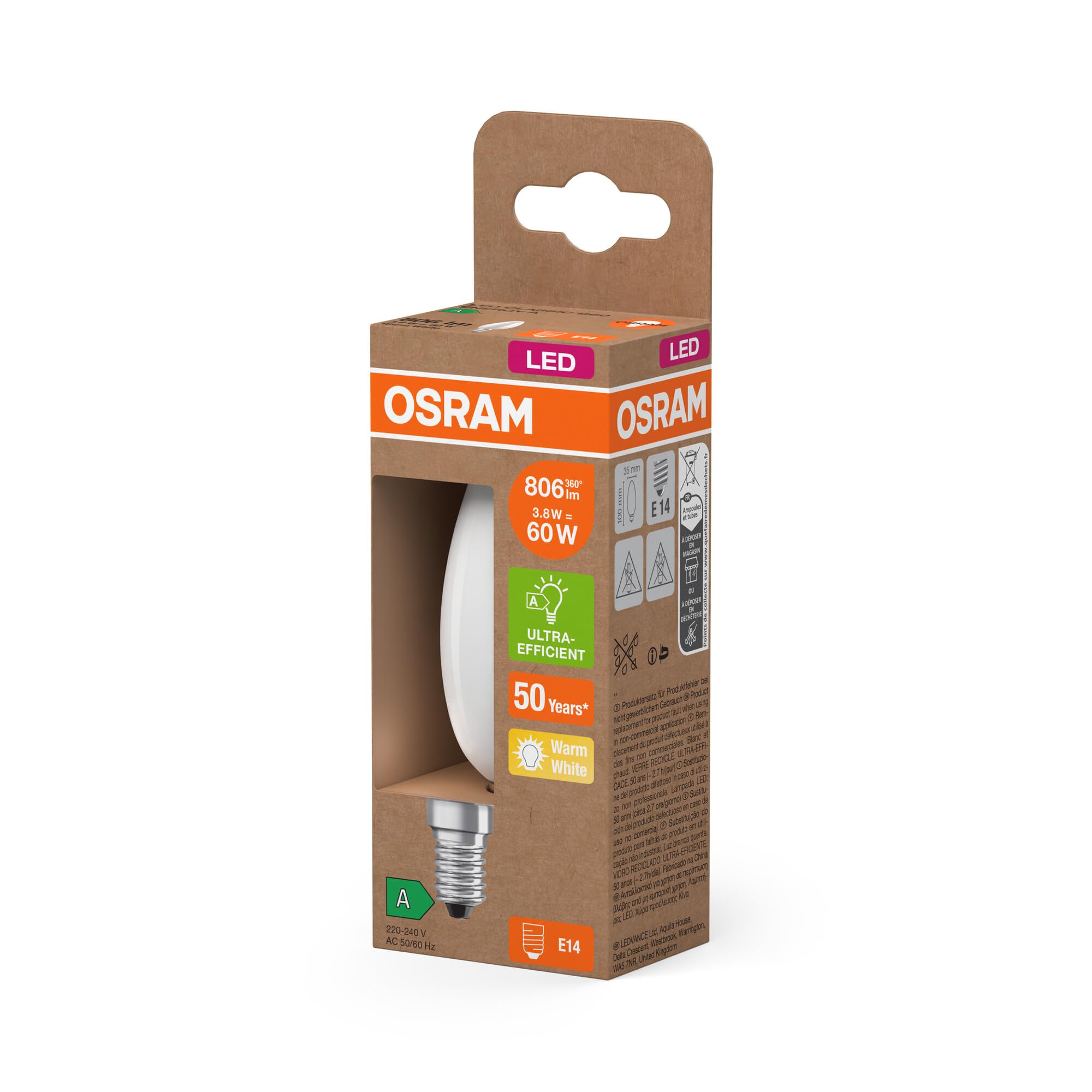 OSRAM Energy Class nella classica forma mini candela, 3,8 W / 806 lm, EEK A, luce bianca calda (2700 K), CRI 80, realizzata in vetro satinato senza piombo, attacco E14, IP20, diametro 35 mm.