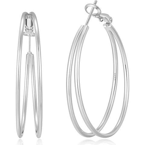 OOOPEL Large Thin Double Hoop Earrings for Women Lightweight Hypoallergenic 925 Sterling Silver Post 14K Gold Hoops Non Tarnish Sturdy Big Thin Double Layered Hoop Earrings 30/40/50/60mm