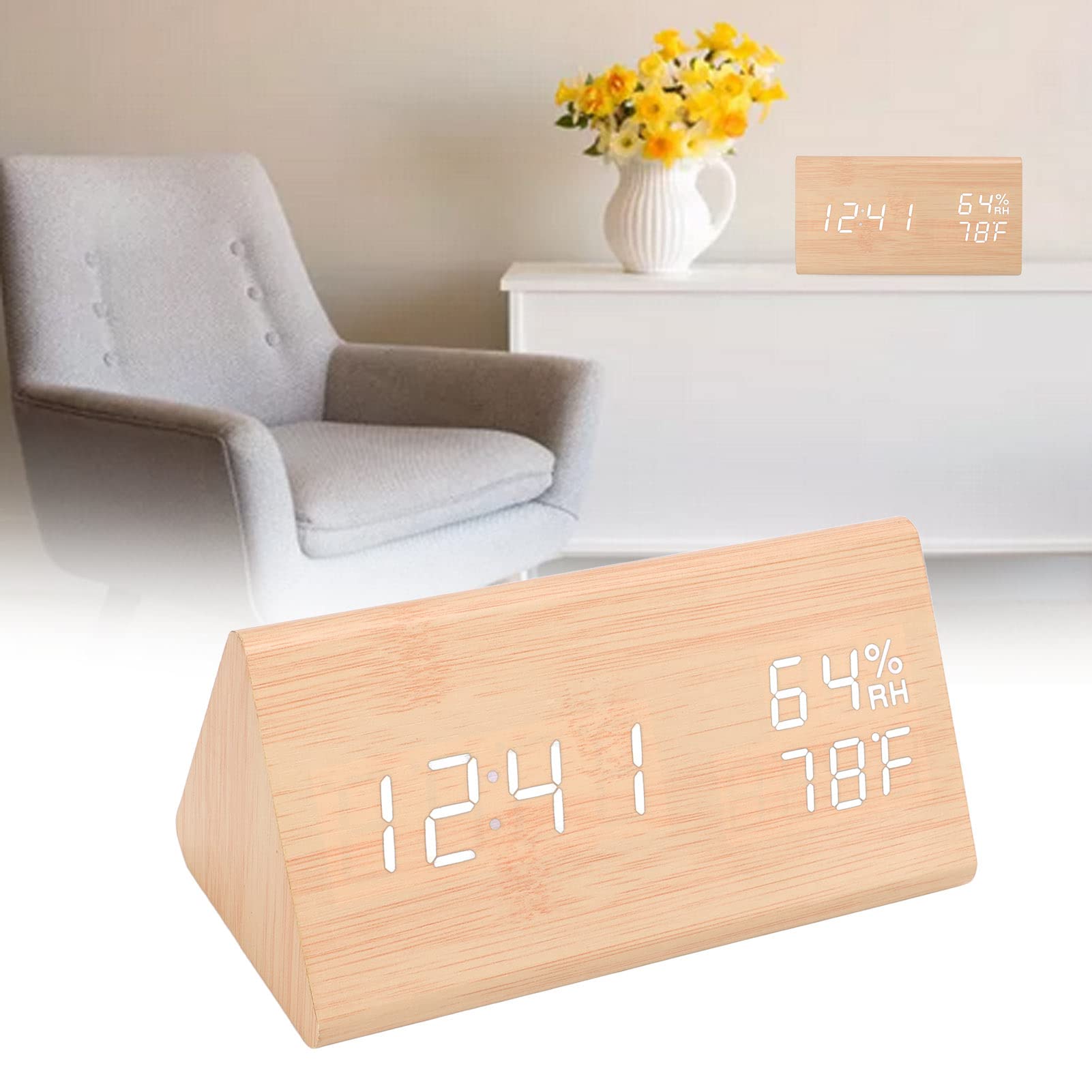 Houten Digitale Wekkers, Moderne Led-tijdweergave Houten Digitale Bureauklok met Datum Temperatuur-vochtigheidsweergave Spraakbesturing Alarmfunctie Driehoek Houten Wekker