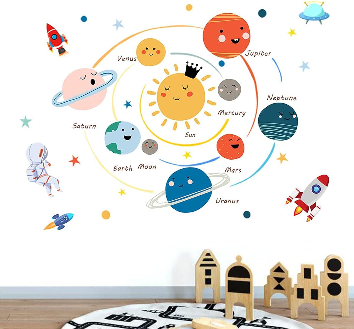 Space Planet Wall Decal Wall Sticker Cute Educational Wall Stickers for Kids, Nursery, Playroom, Baby Room, Classroom, School