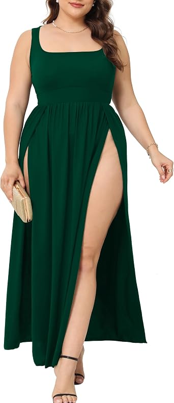 SILUI Womens Square Neck Double High Slit Summer 2025 Sexy Plus Size Sundresses Thigh Split Club Party Maxi Dresses