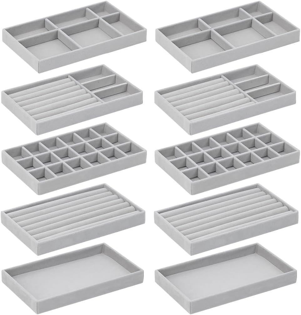 Skiwali10 Pack Jewelry Organizer Tray Drawer Inserts Stackable Velvet Liner Dividers Customizable Jewellery Box Foam Ring Earring Holder Necklace Bracelet Storage Display Dish Flat in Dresser Vanity