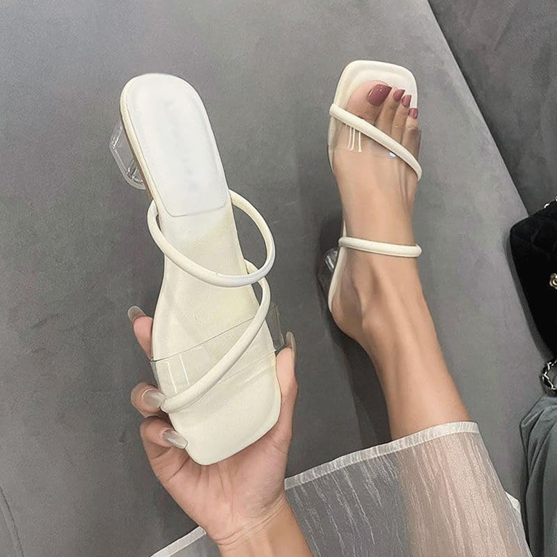 HBJWOV Crystal Slippers for Women Wearing Sandals Square Toe Toe Sandals Transparent Strap Thick Heels High Heels2