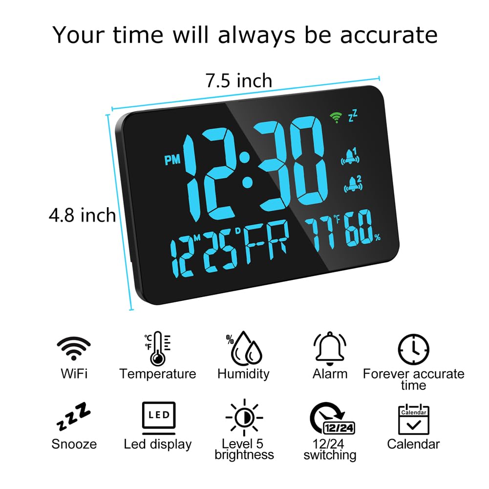 Sonew WiFi - Reloj de escritorio con calendario inteligente, termómetro higrómetro con pantalla LED digital, conexión WiFi, brillo ajustable, visualización remota vía