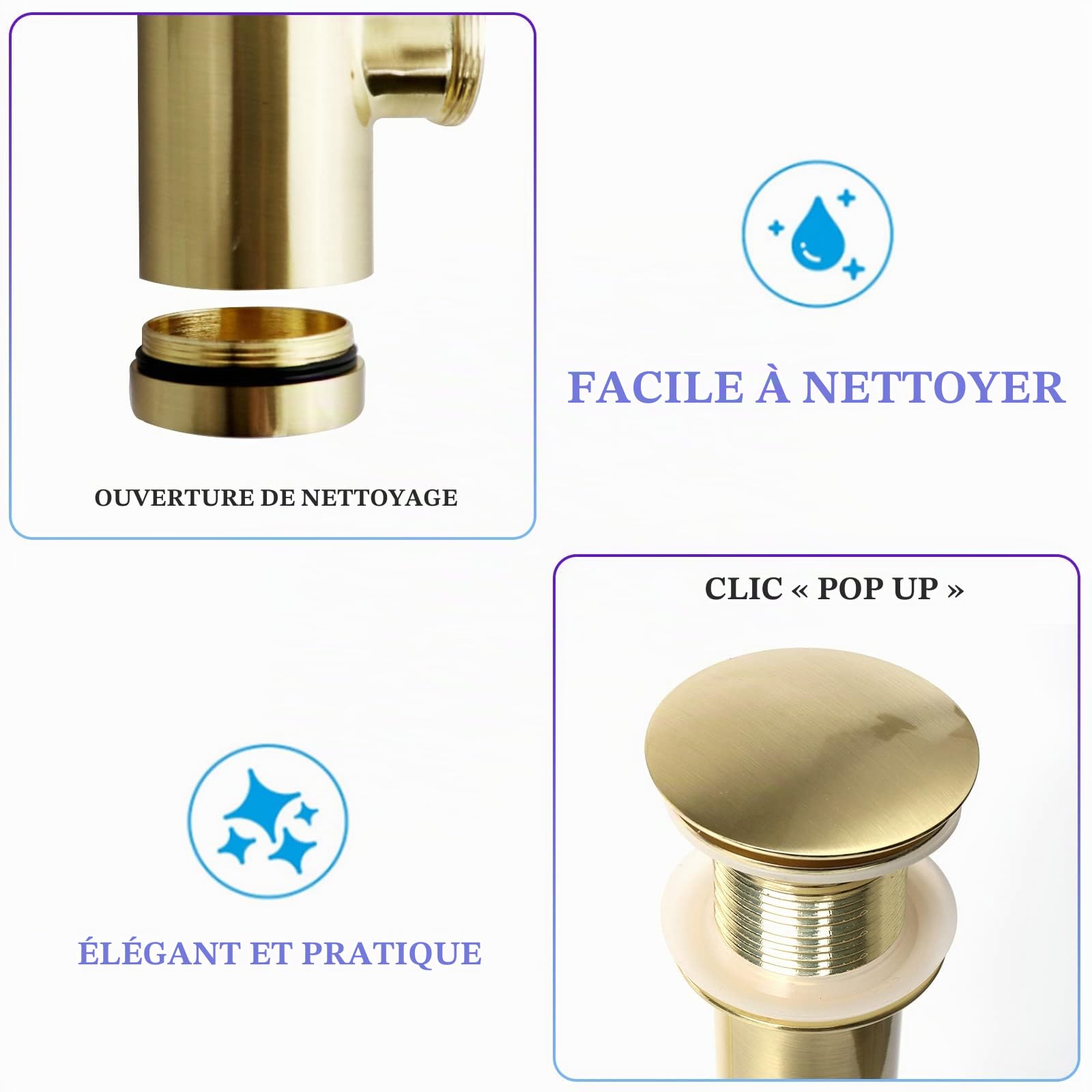Design Siphon pour lavabo avec garniture de vidage, vanne pop-up sans trop-plein, siphon universel en laiton, piège à odeur pour salle de bain avec joints d'étanchéité, ouverture de nettoyage (Or