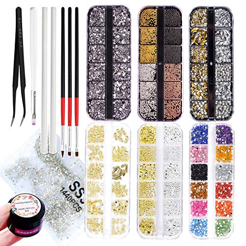 Nail Art Rhinestone Kit,Nails Art Metal Charms Caviar Beads Nail Supplies,Nail Decorate Crystal with Rhinestone Glue,Nail Decoration Kit 9300 Pcs