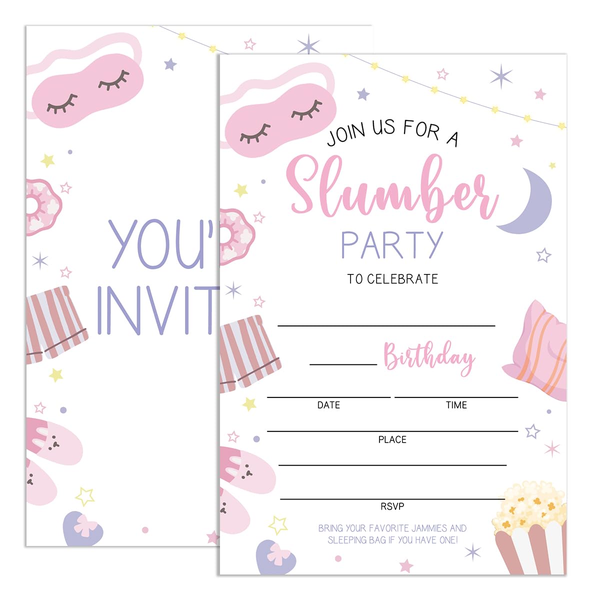 UDNADKEX Slumber Birthday Invitations Girl Party with Envelopes, Invites for Girls Birthday Party Slumber, Sleepover Pajama Birthday Party Invitations