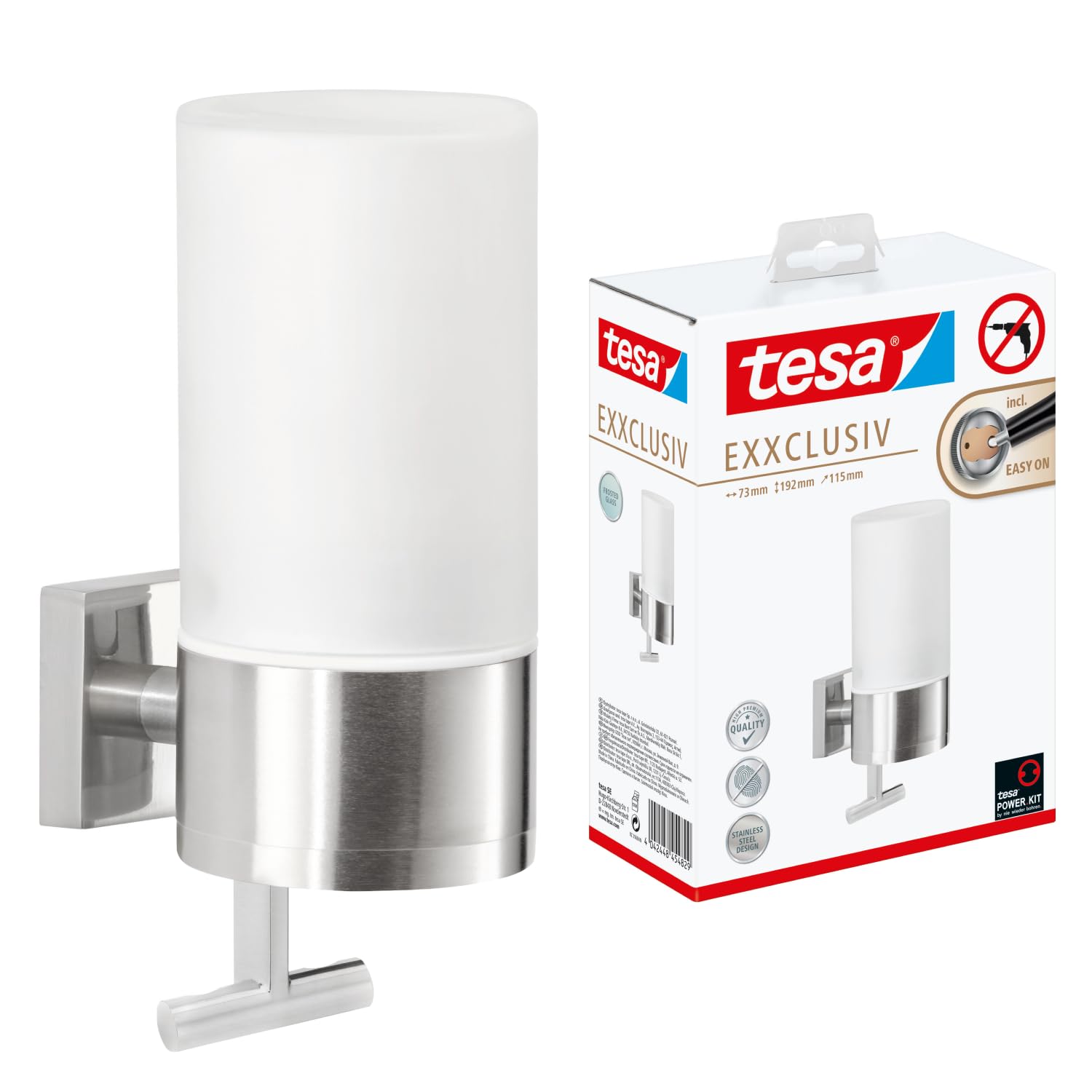 tesa EXXCLUSIV Seifenspender-Set, Milchglas und verchromtes Metall - Flüssigseifenspender zur Wandbefestigung ohne Bohren, inkl. Klebelösung - 73mm x 192mm x 115mm