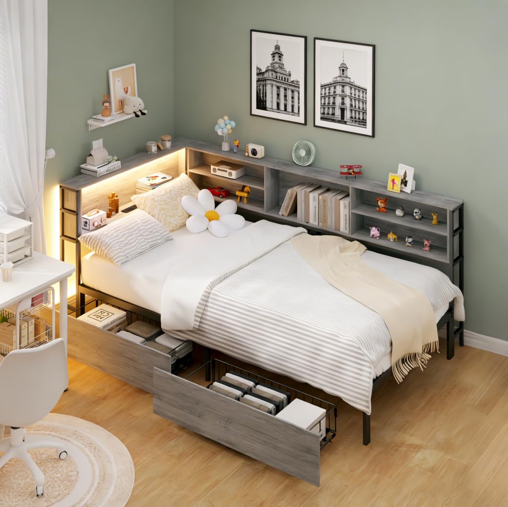 Bellemave Twin Corner Bed Frame with Storage, Twin Size Captains Bed with Charging Station and LED Light, Wood Daybeds with L-Shaped Bookcase and 2
