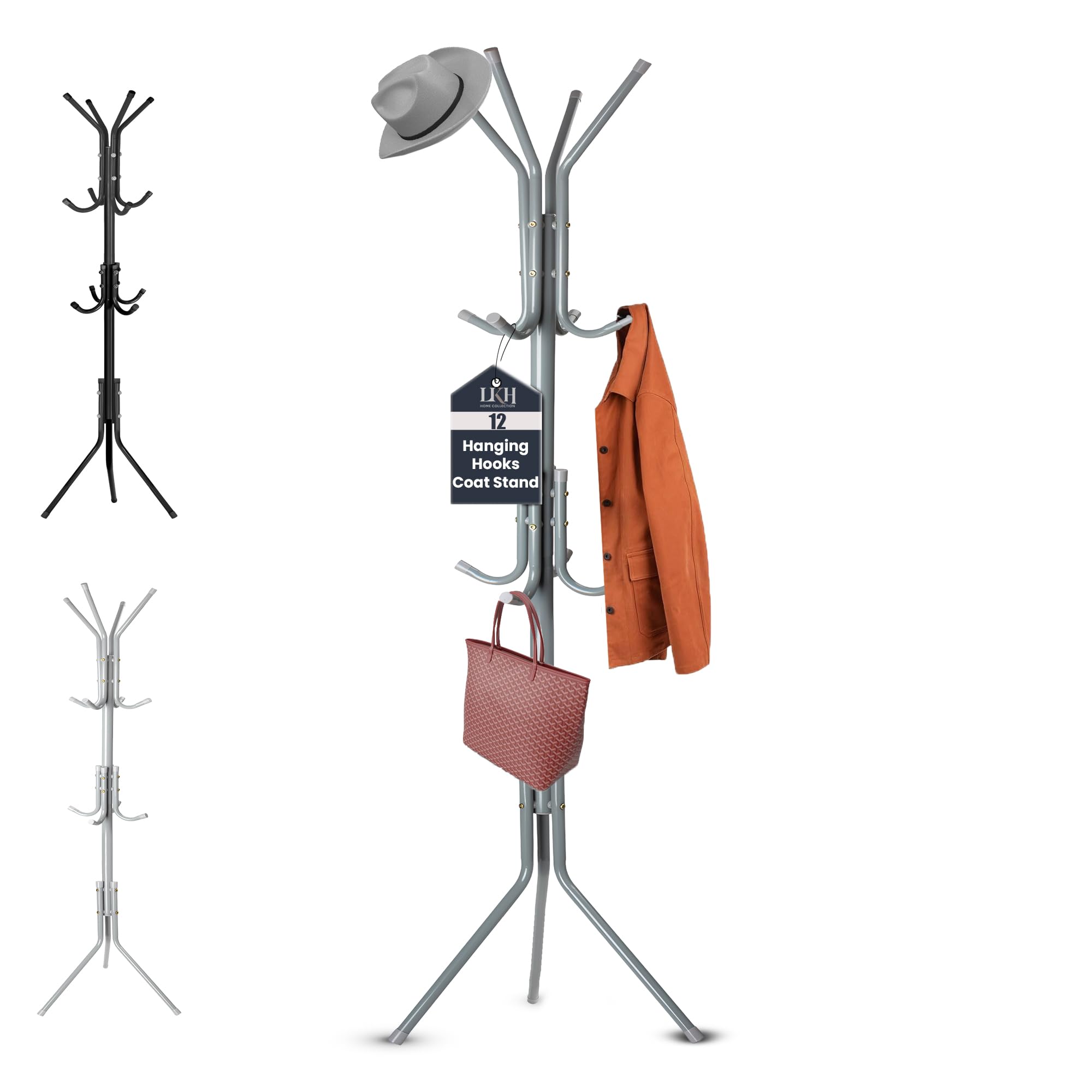 LKH Coat Rack Stand 170cm Steel Hat Stand Coat Stands with 12 Hooks – Clothes Hanger for Jackets, Hats, Scarves, Bags & Umbrellas Space Saving Design Non-Slip Feet-Grey